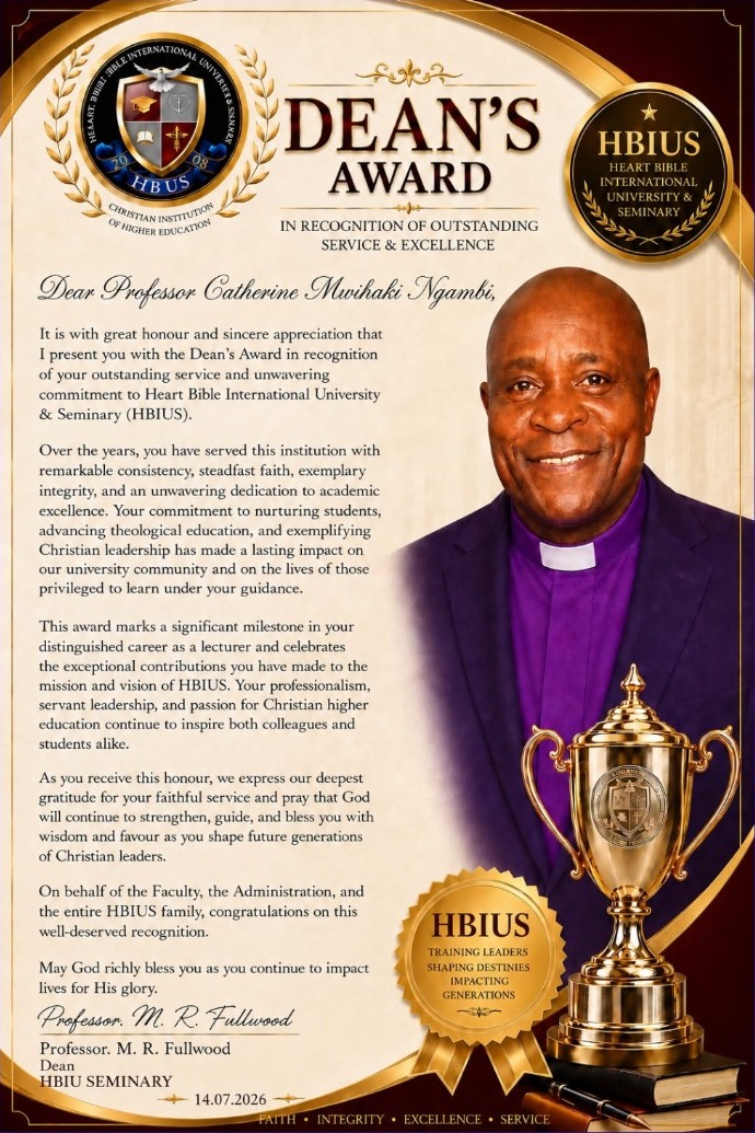 HBIUS Dean's Award letter presented to Professor Catherine Mwihaki Ngambi
