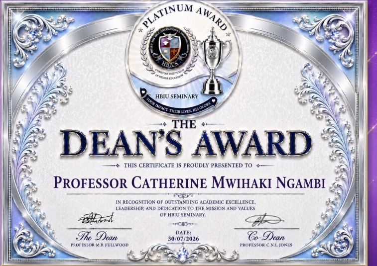 HBIU Seminary Platinum Dean's Award certificate